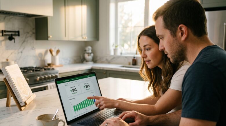 Newlywed couple reviewing credit reports together on a laptop at a kitchen table