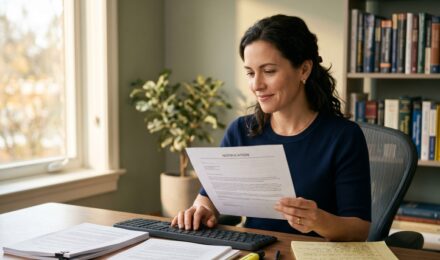 Person reviewing a debt collection letter alongside a credit report at a desk
