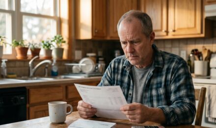 Person reviewing retirement savings account statements with a calculator, concerned about early withdrawal mistakes