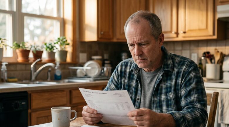 Person reviewing retirement savings account statements with a calculator, concerned about early withdrawal mistakes