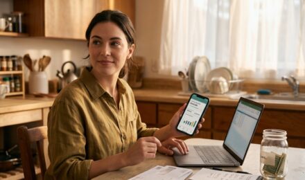 Person reviewing financial options on a laptop with an empty wallet beside them on a desk