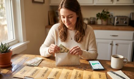 Person stuffing cash into labeled envelopes using the envelope budgeting method for personal finance