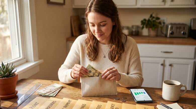 Person stuffing cash into labeled envelopes using the envelope budgeting method for personal finance