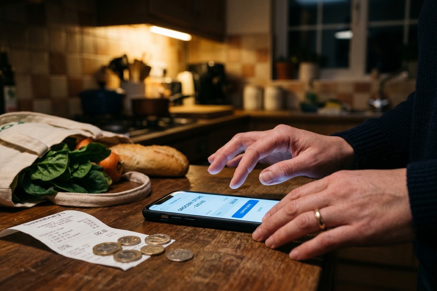 Smartphone screen showing a digital envelope budgeting app with category spending progress bars