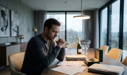 Person sitting at a desk surrounded by financial documents and a large check, looking overwhelmed by a sudden financial windfall