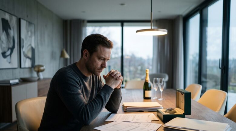 Person sitting at a desk surrounded by financial documents and a large check, looking overwhelmed by a sudden financial windfall