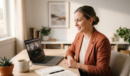 Freelance consultant working at a desk reviewing client notes with a laptop and coffee nearby