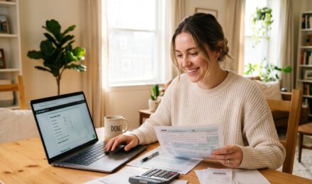 Freelancer sitting at a desk reviewing tax documents and receipts on a laptop with a notepad of deduction notes nearby
