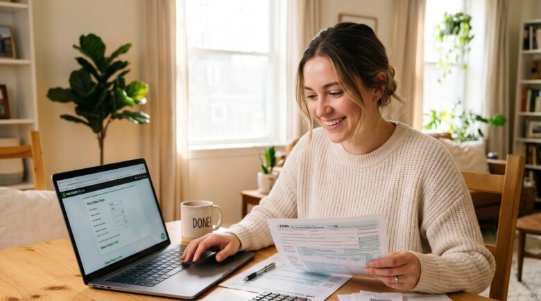 Freelancer sitting at a desk reviewing tax documents and receipts on a laptop with a notepad of deduction notes nearby