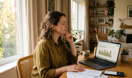 Freelancer reviewing monthly income spreadsheet and bank accounts at a home office desk