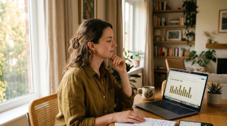 Freelancer reviewing monthly income spreadsheet and bank accounts at a home office desk