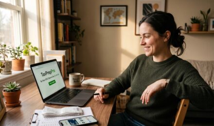 A rideshare driver reviewing tax deduction notes and receipts at a desk with a laptop open to a tax filing screen