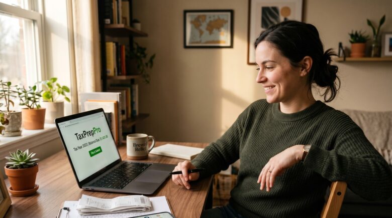 A rideshare driver reviewing tax deduction notes and receipts at a desk with a laptop open to a tax filing screen