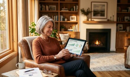 A retired couple reviewing home equity documents at a kitchen table with a model house and financial papers in front of them