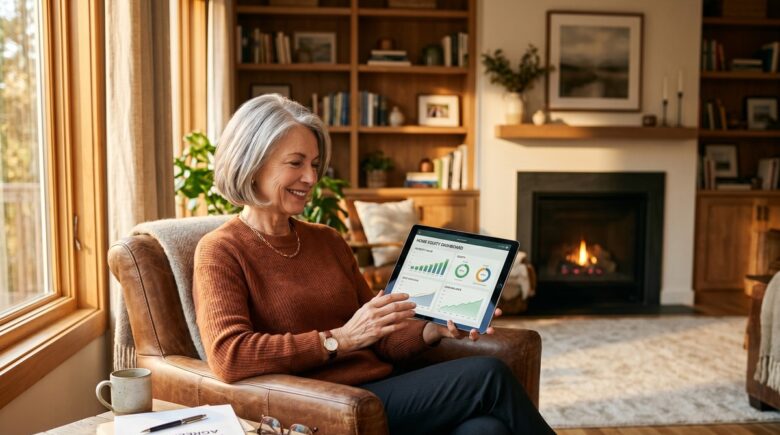 A retired couple reviewing home equity documents at a kitchen table with a model house and financial papers in front of them