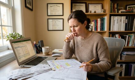 Self-employed person reviewing home office tax deduction paperwork at a desk in a dedicated home workspace