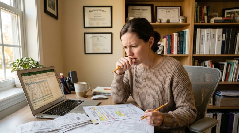 Self-employed person reviewing home office tax deduction paperwork at a desk in a dedicated home workspace