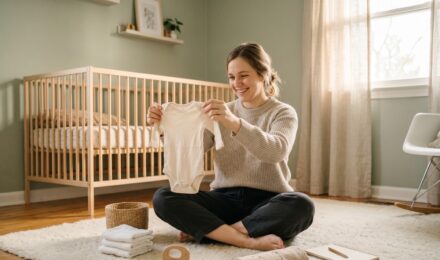 New parent reviewing a baby budget spreadsheet next to a secondhand stroller and neatly folded infant clothes