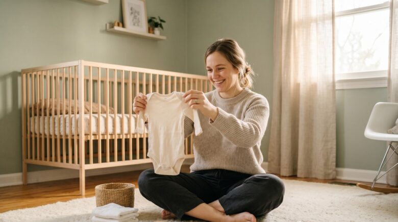New parent reviewing a baby budget spreadsheet next to a secondhand stroller and neatly folded infant clothes