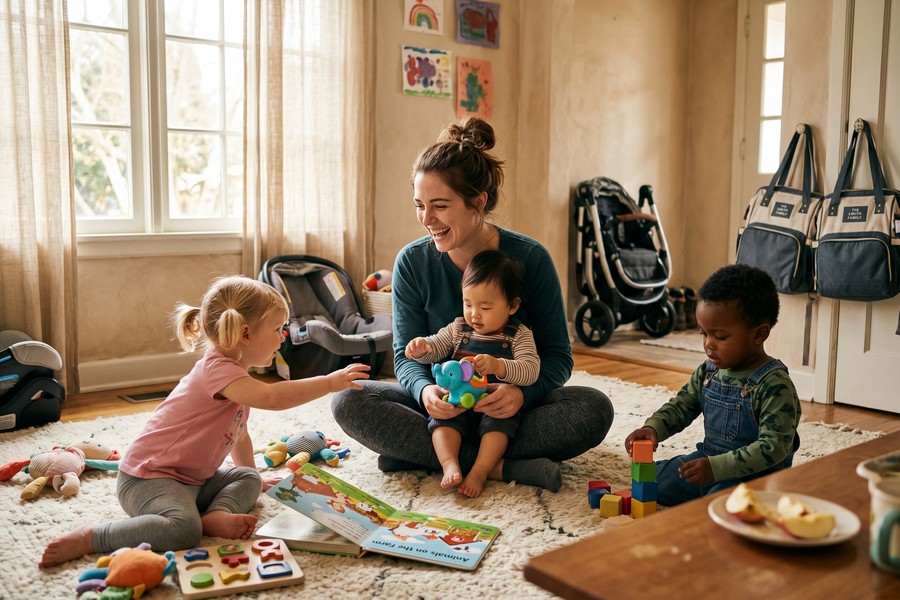 New parent reviewing childcare budget options on a laptop at a kitchen table