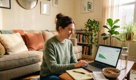 Recent college graduate reviewing monthly budget spreadsheet at a desk with a laptop and notebook