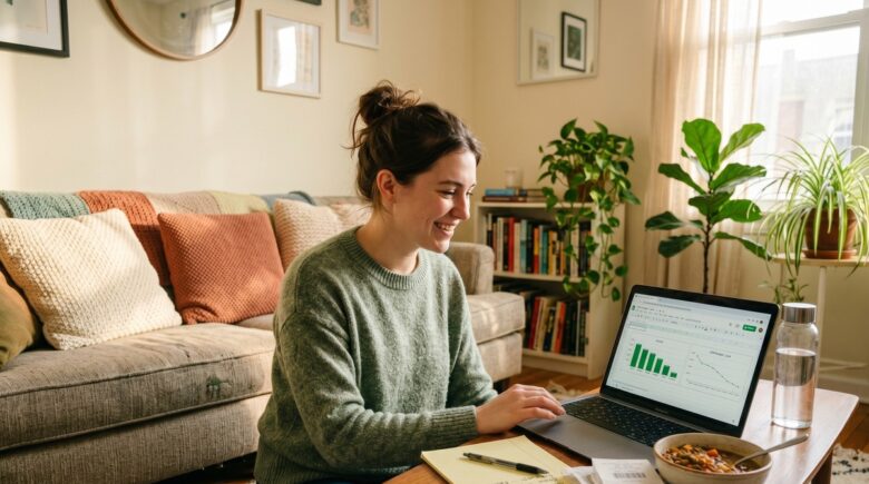Recent college graduate reviewing monthly budget spreadsheet at a desk with a laptop and notebook
