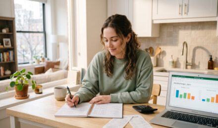 Person sitting at a kitchen table reviewing three months of bank statements and writing a monthly budget on a notepad