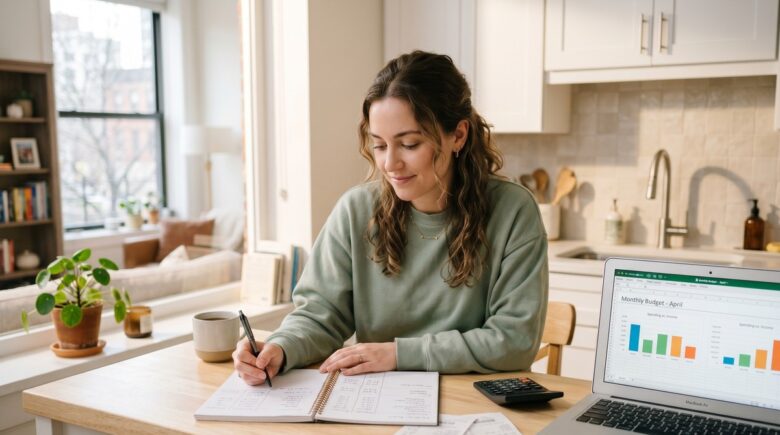 Person sitting at a kitchen table reviewing three months of bank statements and writing a monthly budget on a notepad