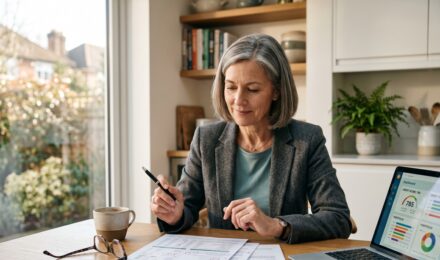 A woman in her 50s reviewing her credit report at a kitchen table with reading glasses and a cup of coffee