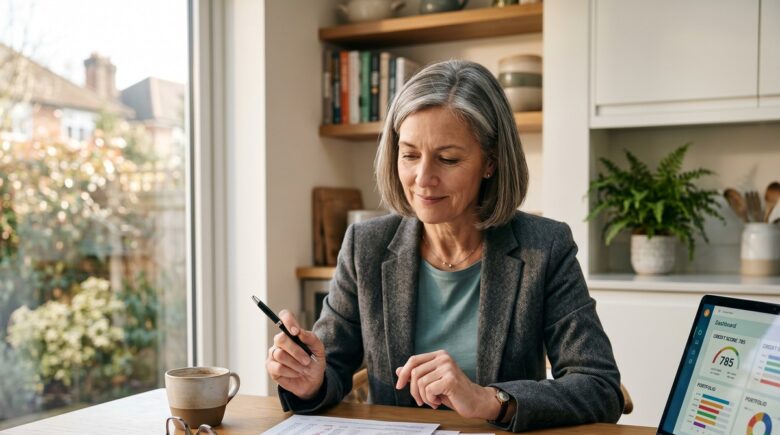 A woman in her 50s reviewing her credit report at a kitchen table with reading glasses and a cup of coffee