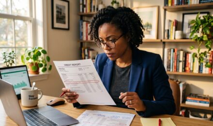 Person reviewing a printed credit report at a desk, highlighting errors with a pen