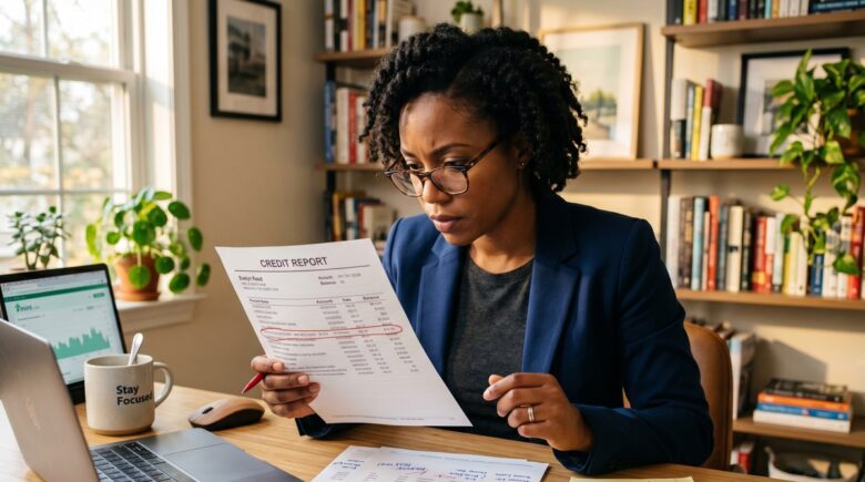 Person reviewing a printed credit report at a desk, highlighting errors with a pen