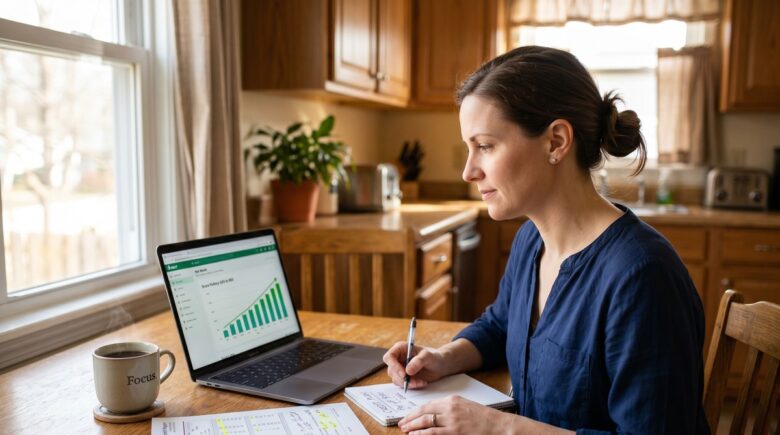Person reviewing credit report and financial documents while planning credit recovery after job loss