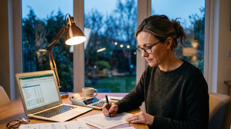 Person reviewing tax documents and year-end financial statements at a desk before the April 15 filing deadline