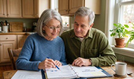 Retired couple reviewing financial documents and retirement savings plan at a kitchen table