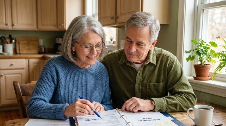 Retired couple reviewing financial documents and retirement savings plan at a kitchen table