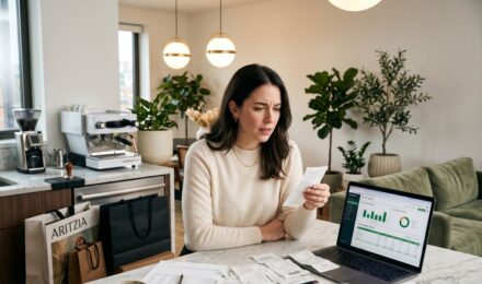 Person reviewing monthly bank statements at a desk, noticing gradual increases in spending over time