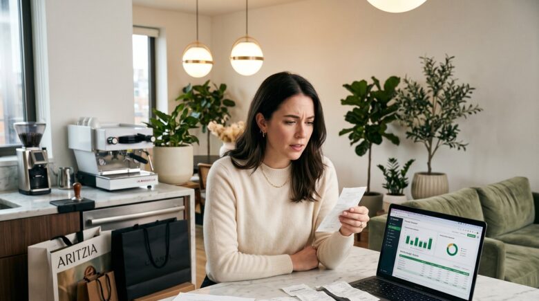 Person reviewing monthly bank statements at a desk, noticing gradual increases in spending over time
