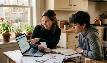 Family reviewing medical bills and tax forms at a kitchen table to calculate deductible healthcare expenses