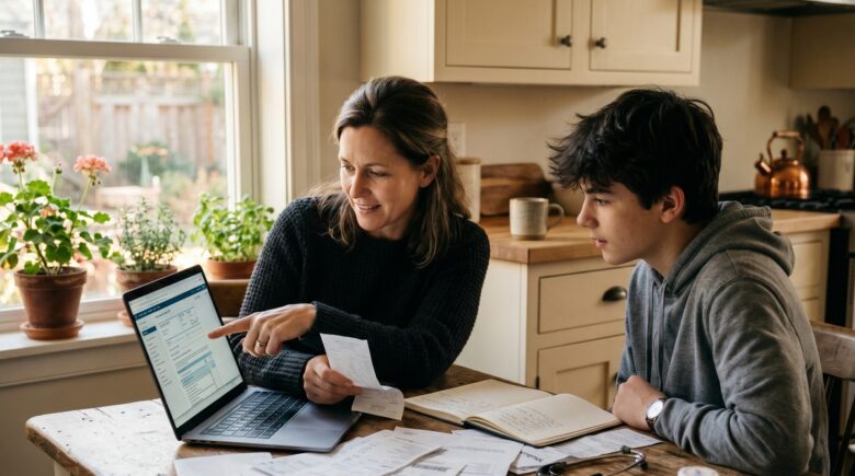 Family reviewing medical bills and tax forms at a kitchen table to calculate deductible healthcare expenses