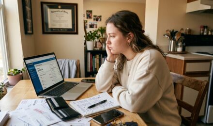 A recent college graduate reviewing their first paycheck and monthly budget at a desk
