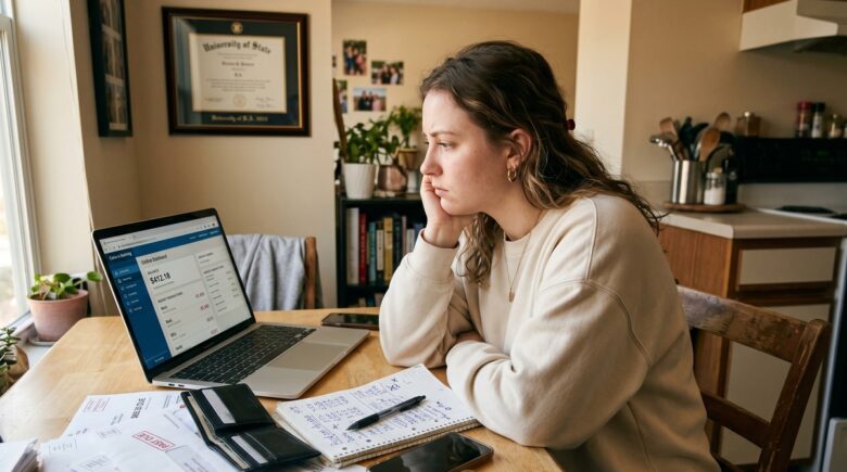 A recent college graduate reviewing their first paycheck and monthly budget at a desk