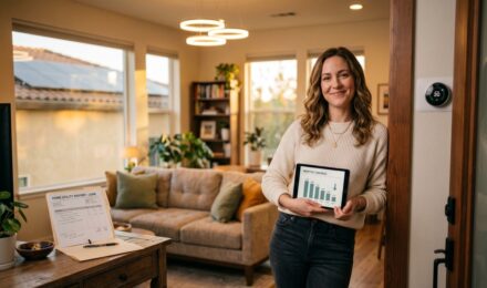 New homeowner reviewing monthly utility and insurance bills at a kitchen table with a laptop and notepad
