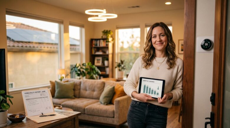 New homeowner reviewing monthly utility and insurance bills at a kitchen table with a laptop and notepad