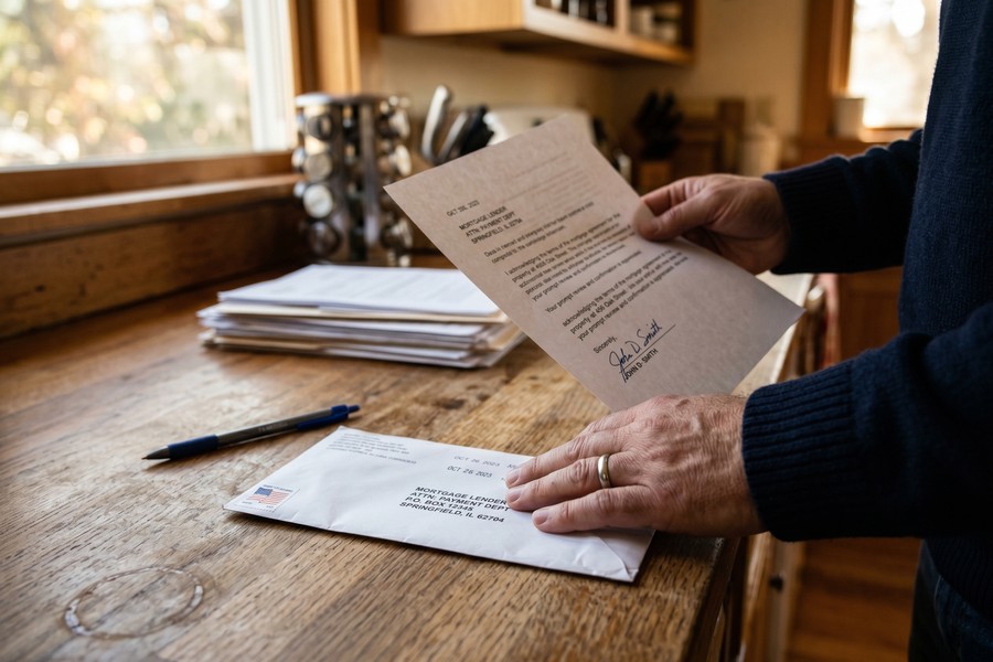 Homeowner reviewing mortgage documents and loan-to-value calculations at a home office desk