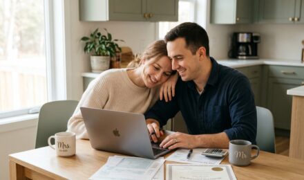 Newlywed couple reviewing tax documents together at a kitchen table after getting married