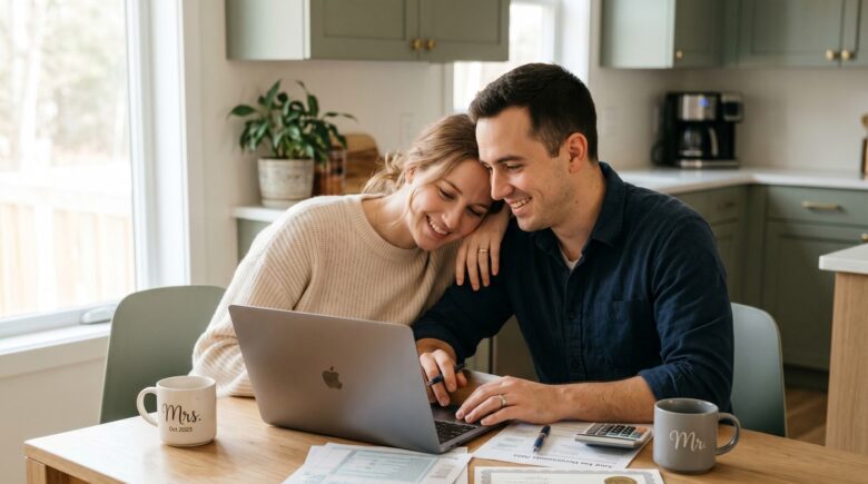 Newlywed couple reviewing tax documents together at a kitchen table after getting married