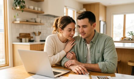 Newlyweds sitting together reviewing finances and budget planning documents