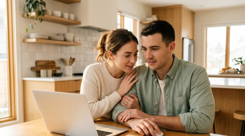 Newlyweds sitting together reviewing finances and budget planning documents