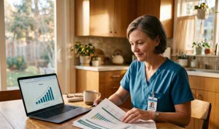 A nurse in scrubs reviewing retirement planning documents at a desk with a calculator and financial charts